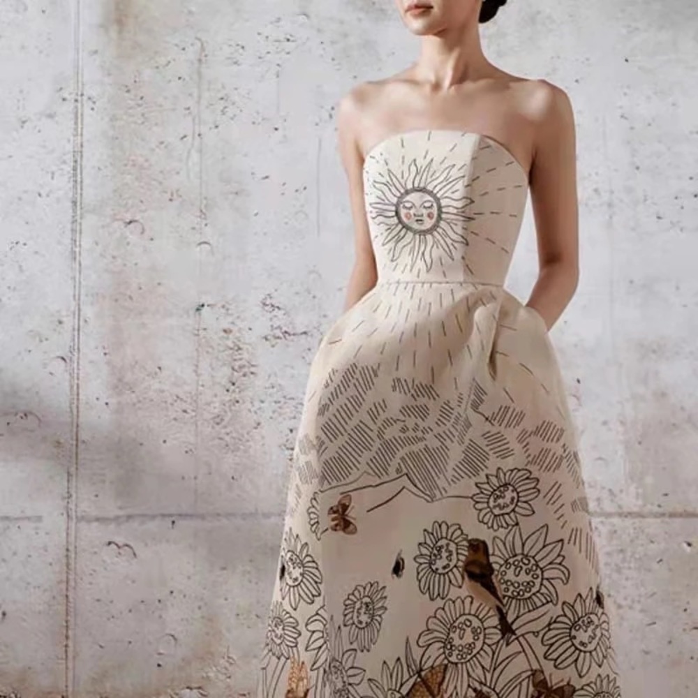 Solairè Runway Sexy Strapless Print Midi Dress, Boho Resortwear Luxury Gown - Picture 4 of 14